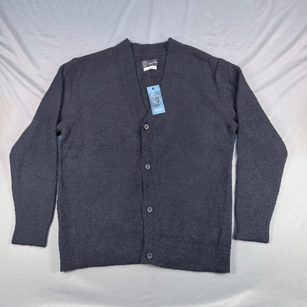 Original Use Mens S Black Nylon Fuzzy Knit LS Cardigan Sweater Button Up V-Neck